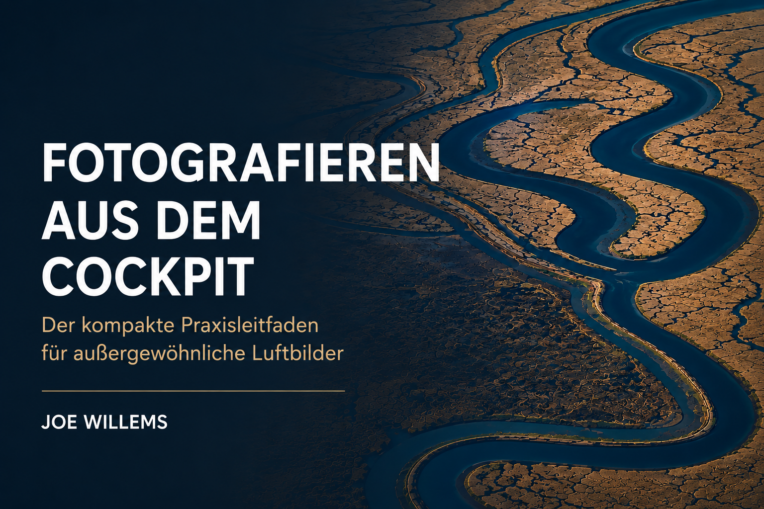 Titelgrafik zum Buch „Fotografieren aus dem Cockpit“ von Joe Willems mit Luftbild einer mäandrierenden Flusslandschaft